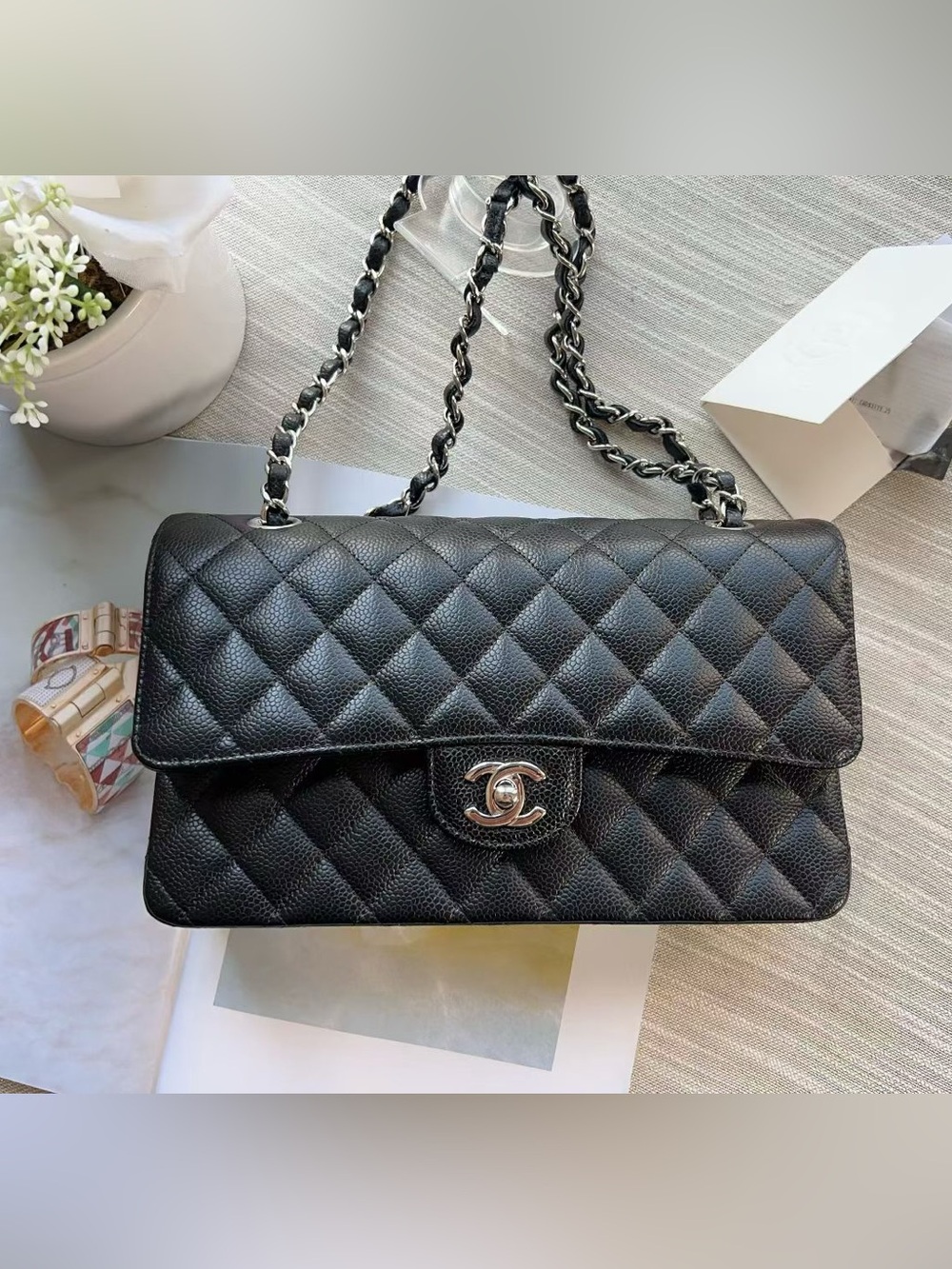 Chanel CF classic flap medium bag caviar skin sliver